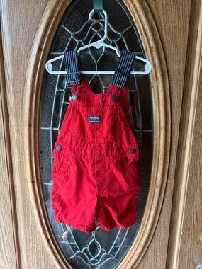 OshKosh B'gosh Bright Red Short Overalls with Navy Striped Straps